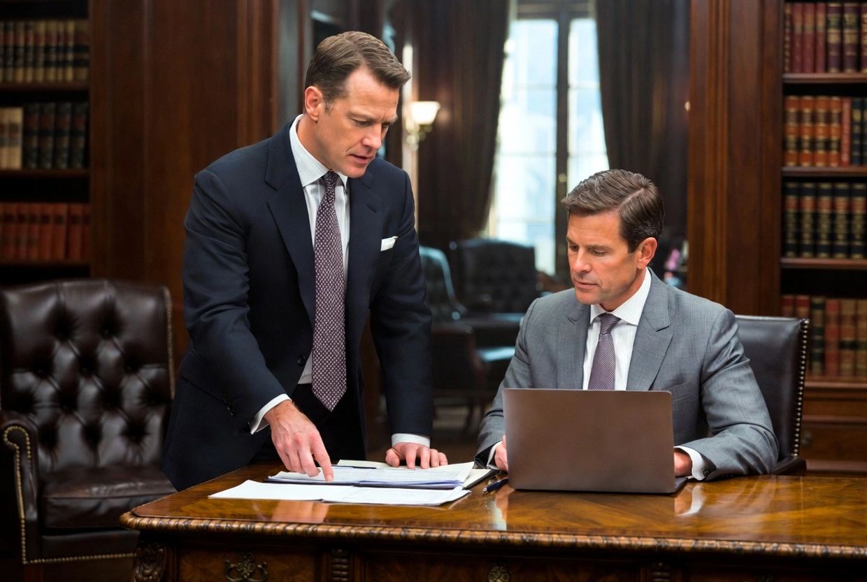 Two businessmen discussing documents in a formal office setting.