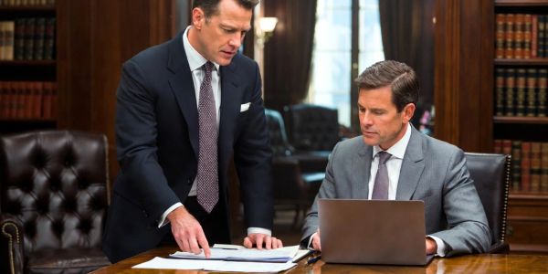 Two businessmen discussing documents in a formal office setting.