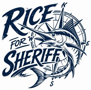 Graphic design featuring a marlin fish and compass with text 'Rice for Sheriff'.