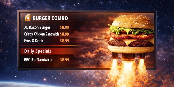 Burger combo menu with prices and a burger rocket flying in space.