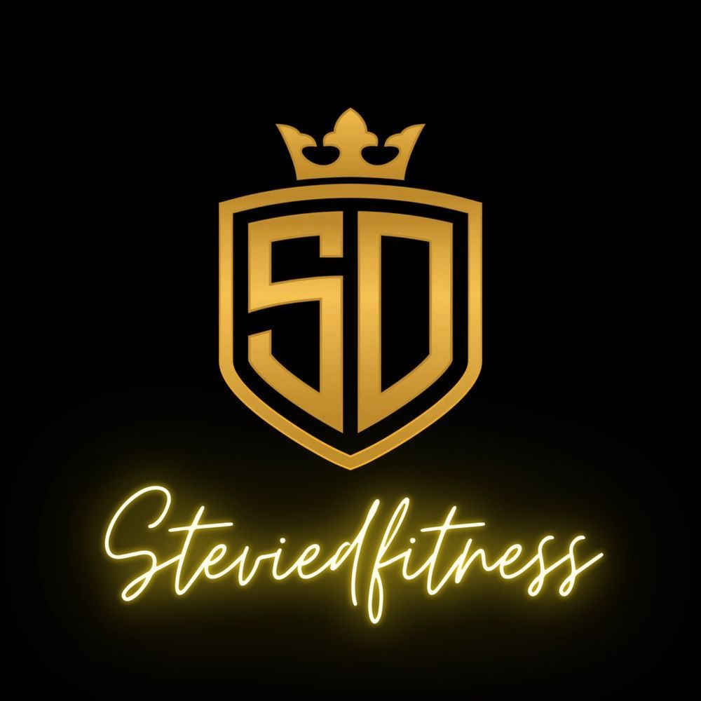 Golden SD crown logo with glowing Steviefitness script on black background.