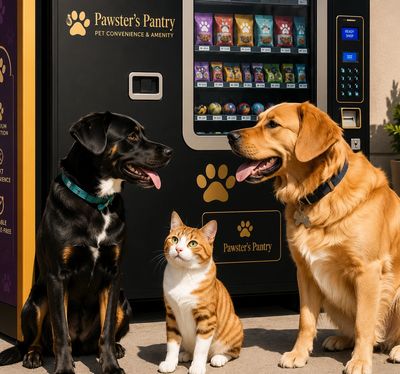 Two dogs and a cat in front of a pet vending machine.