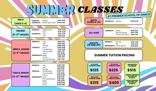 Colorful summer dance class schedule for various age groups and skill levels.