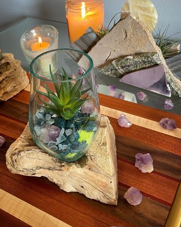 Handcrafted glass planter with a vibrant faux succulent, colorful moss, amethyst, and driftwood base