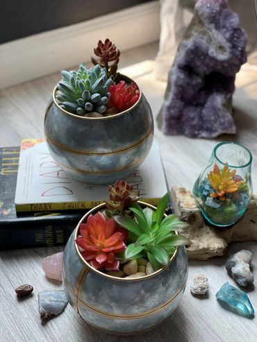 Elegant succulent arrangements in metallic planters, accented with crystals, books, and amethyst