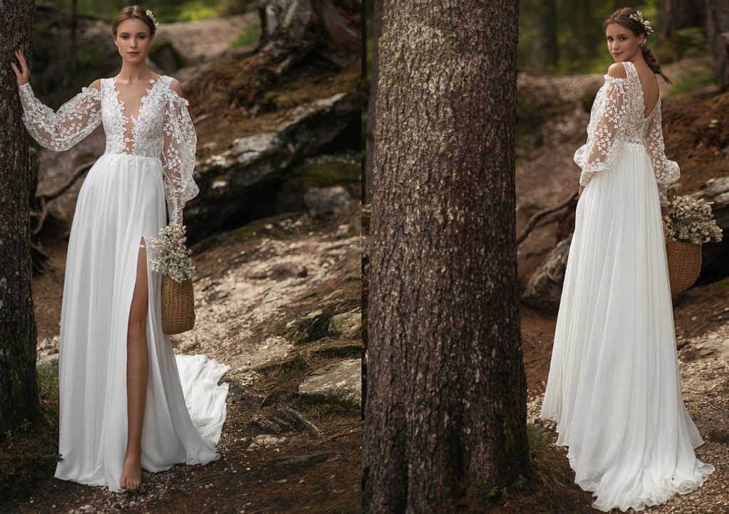 long-sleeved bodice deep V-neckline floral-patterned lace flowing chiffon skirt with side slit