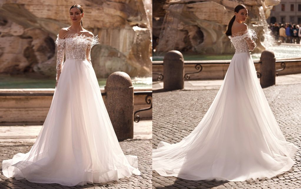 off-the-shoulder long-sleeved gown lade beads feathers detachable glitter bow belt glitter tulle