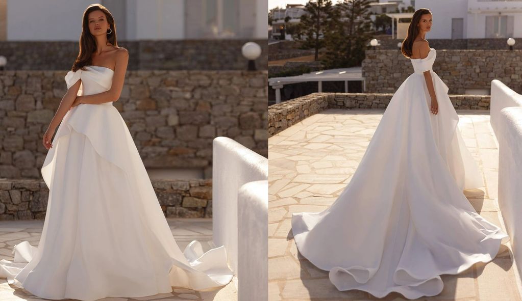 mikado fabric strapless corset bow tie one shoulder basque detail chapel train  horsehair braid hem