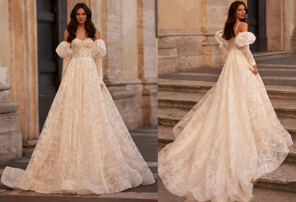 corset sweetheart neckline thin straps detachable balloon sleeves lace transparent sequins