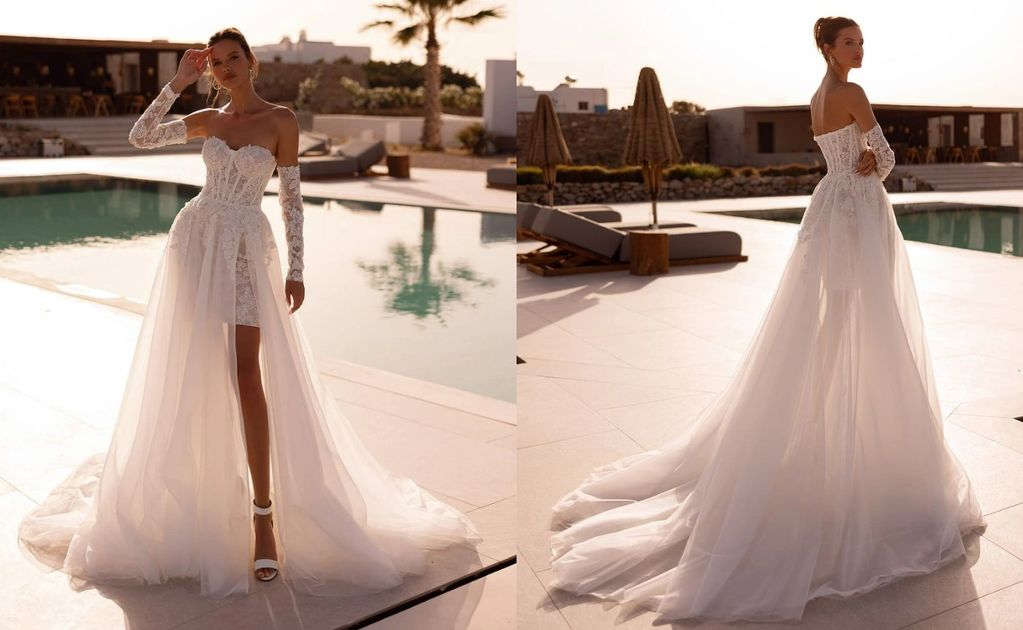 allover lace mini silhouette strapless sweetheart corset detachable sleeves A-line tulle overskirt