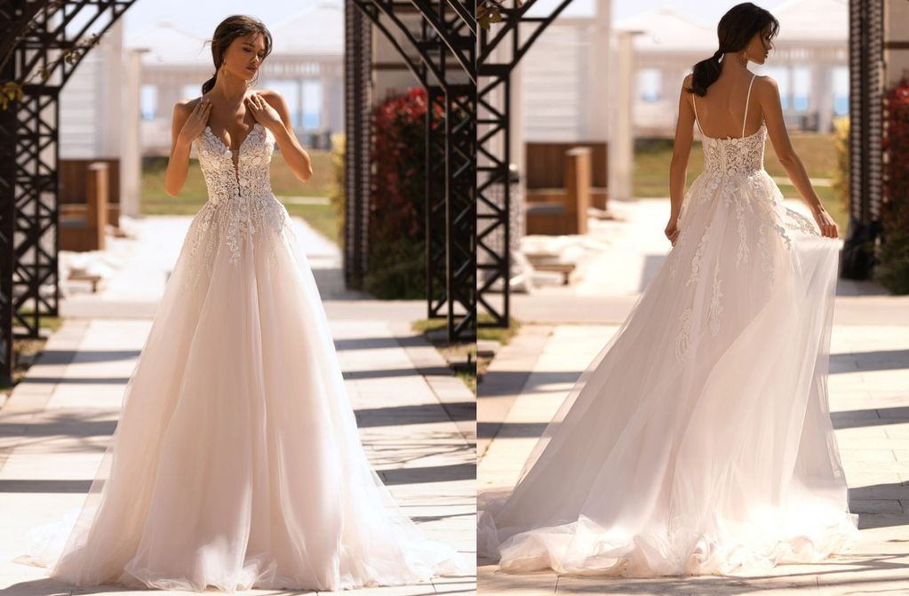 corset plunging neckline floral lace 3D flowers beads, pearls transparent sequins spaghetti straps