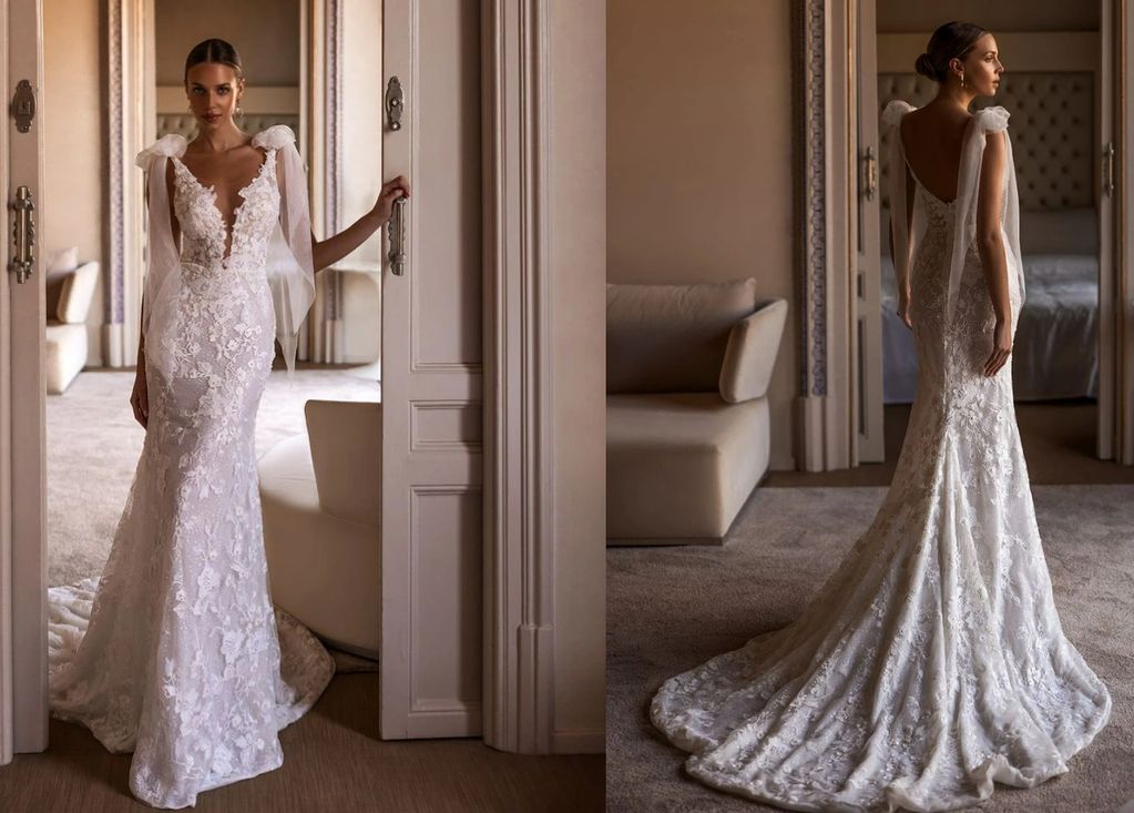 allover dotted lace fabric floral appliques adorned with pearls low open back deep illusion V