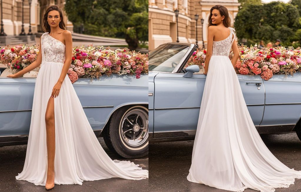 one shoulder dress gown chiffon lace and appliques