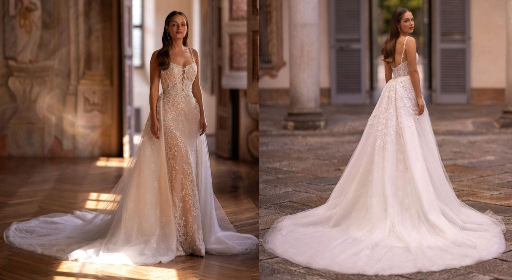 dot mesh sequined floral lace corset boning an illusion neckline lace detachable train wedding dresss