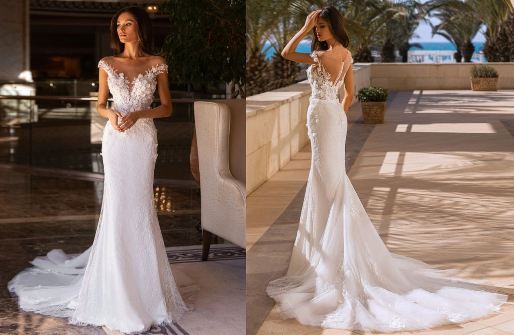 corset floral lace 3D flowers Falling illusion sleeves V-neckline Godet skirt glittery fabric wedding