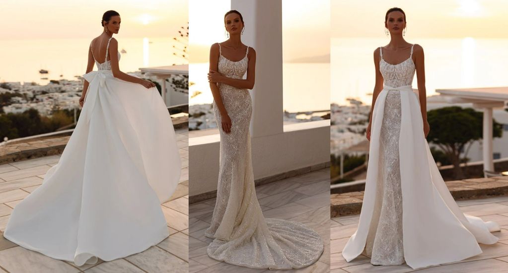 Chantilly lace beads sequins semi-sheer round neckline floral appliques detachable mikado train dress