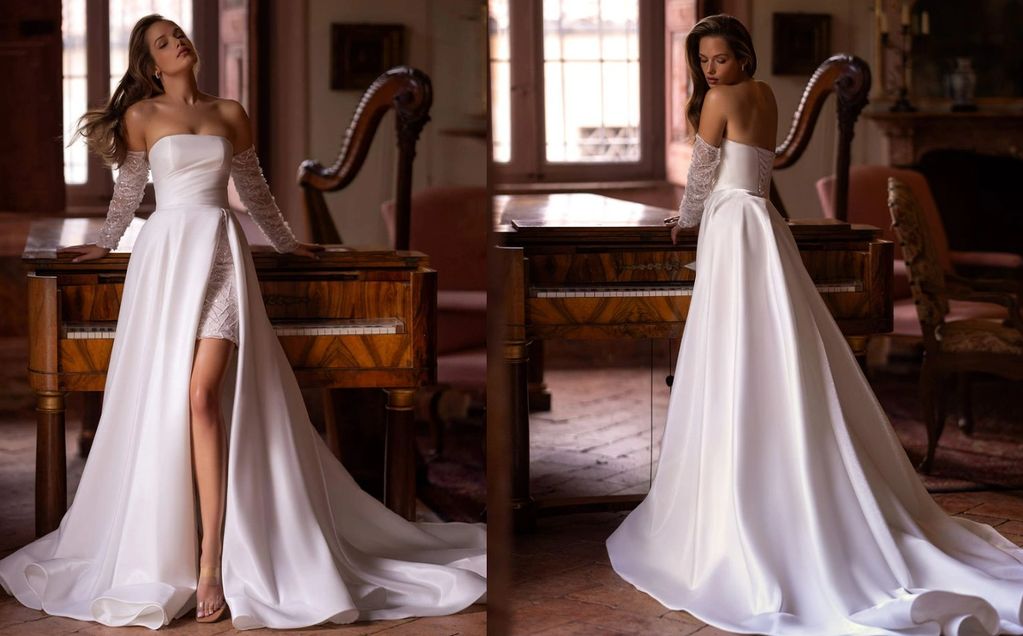 short long dress, luxury mikado fabric, crinkly sleeves, straight neckline and strapless wedding