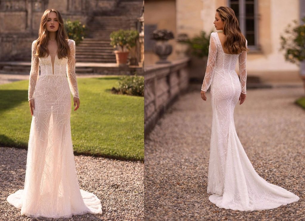 deep illusion V neckline long sleeves beating throughout fit and flare chapel train wedding dress