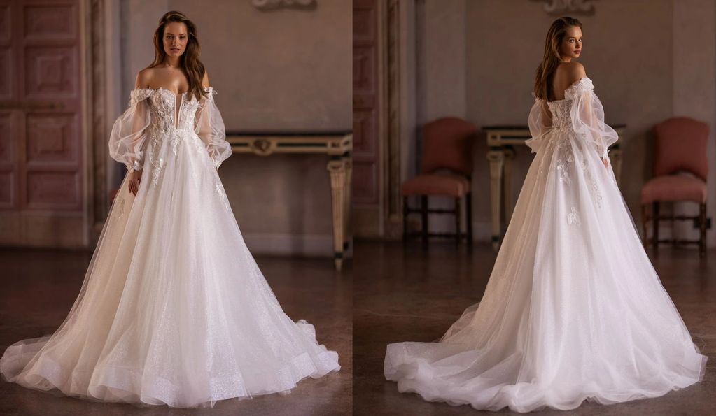 off the shoulder sweetheart deep illusion V neckline delicate flowers shimmering tulle bell sleeves