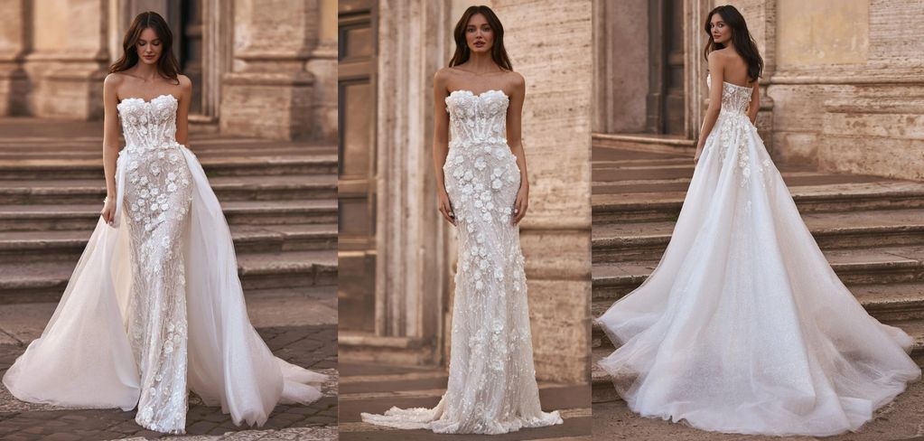 fit and flare exposed boning detachable skirt glitter tulle 3D floral lace appliques