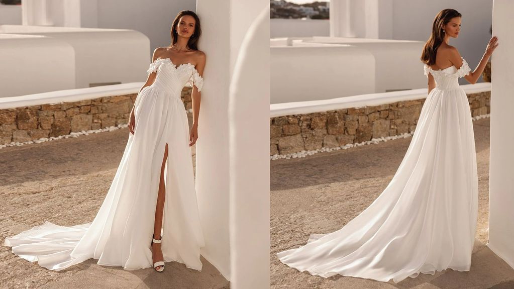 organza mikado fabric sweetheart-shaped corset bodice criss-cross pleating  A-line skirt side slit