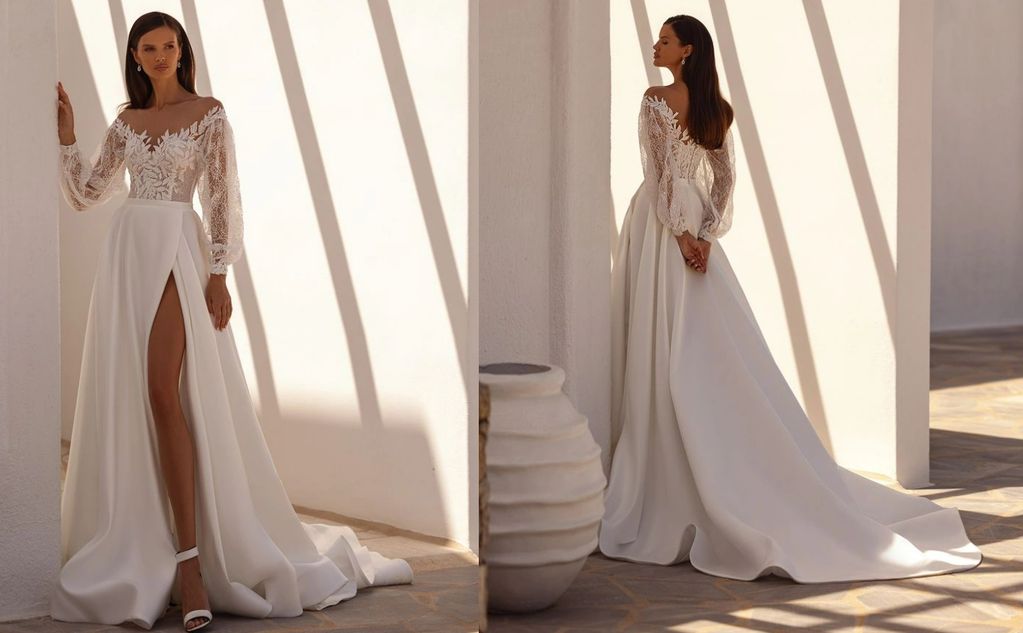 off-the-shoulder bodice Chantilly lace Beaded foliage appliques corset  satin mikado fabric