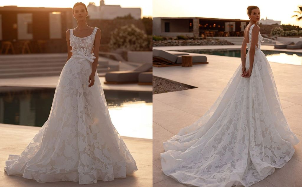 floral-patterned organza round neckline illusion side paneling detachable belt horsehair braid