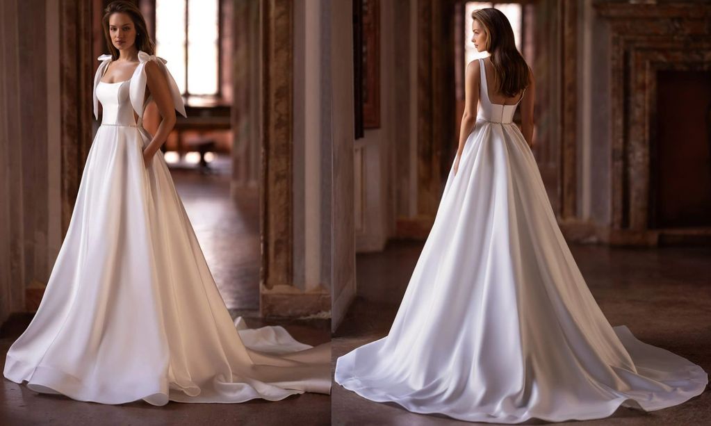 A-line mikado square neckline illusion side cuts detachable mikado shoulder bows beads and crystals