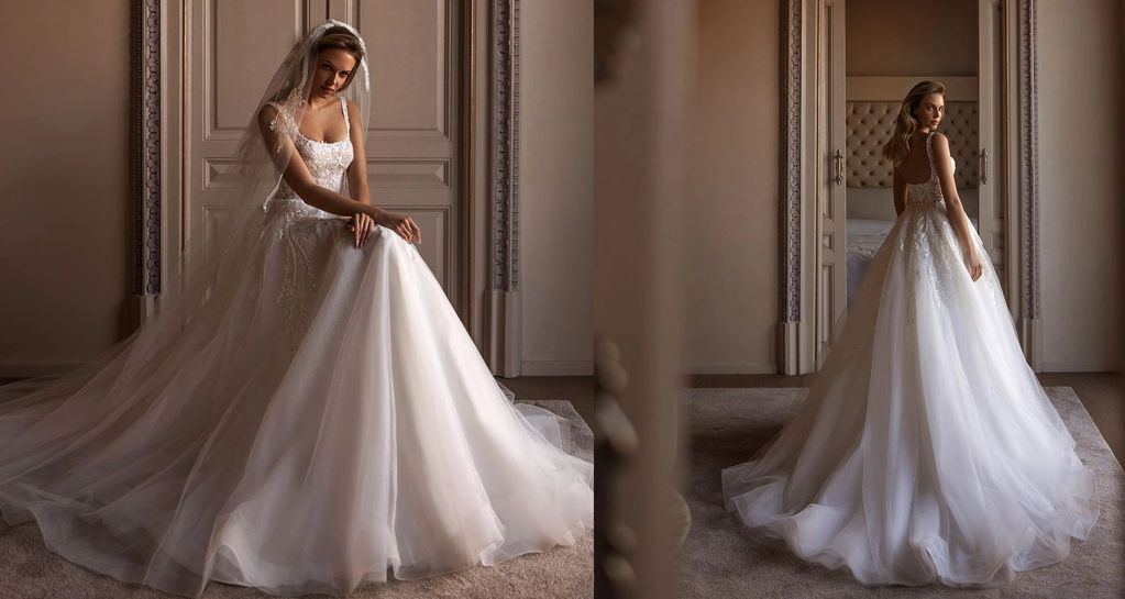 square neckline sequined Chantilly floral lace beads glittery underlay hemmed horsehair braid