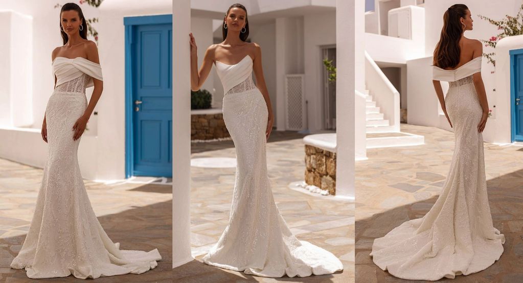 off the shoulder bolero mermaid dress beads sequins chapel train semi-sheer bodice mikado top