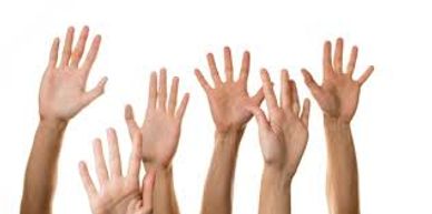 Multiple hands raised against a white background.