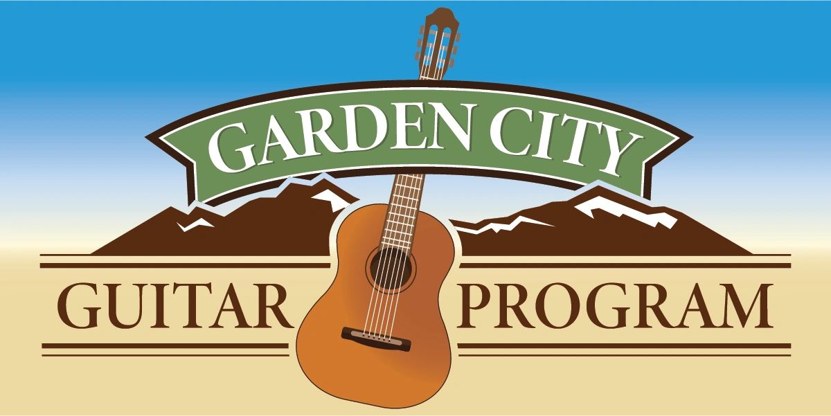 Garden City Guitar Program logo guitar in front of mountains