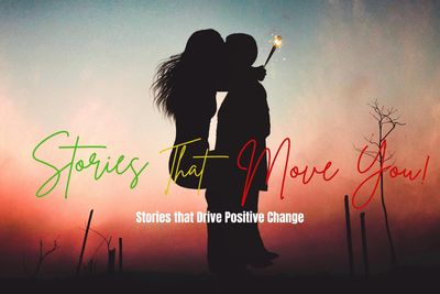 Silhouetted couple sharing a romantic moment at sunset with inspiring text.