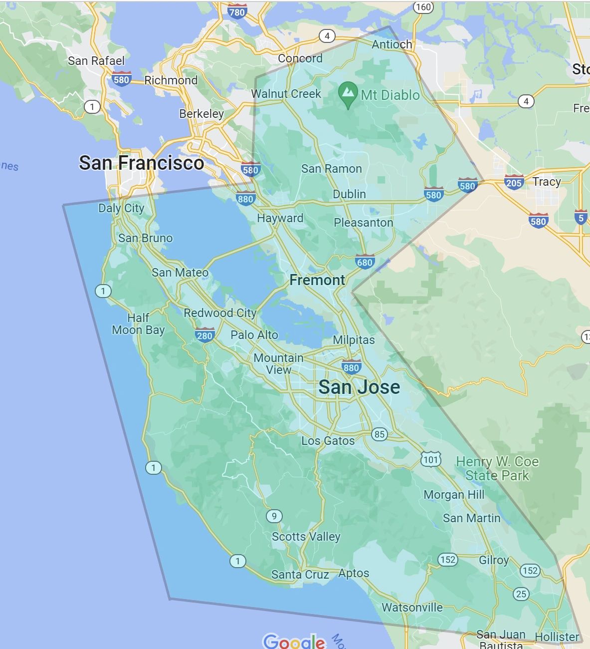 Service map for solar panel and battery installation in San Jose, Los Gatos, Fremont, Pleasanton, CA