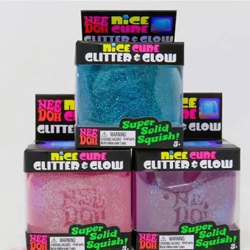 Colorful Nee Doh Nice Cure Glitter & Glow super solid squish toys in packaging.