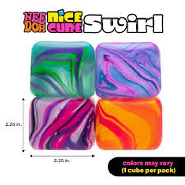 Four colorful 2.25-inch swirl cubes with varying vibrant patterns.