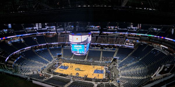 Photo of Court at Amway Center from Arena upper deck / press box / media section.  Orlando Magic