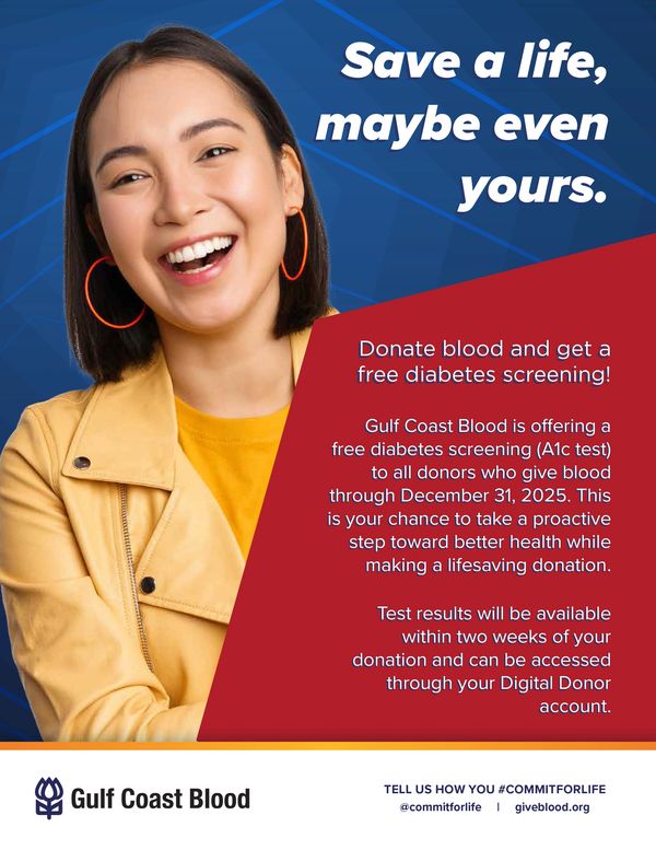 free diabetes screening with blood donation flyer from the Gulf Coast Blood