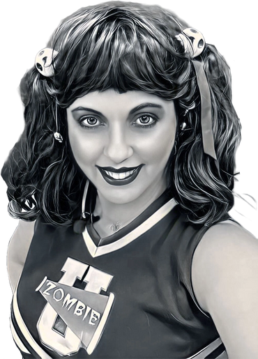 Smiling woman in a cheerleader outfit with 'Zombie U' logo and playful hairstyle.