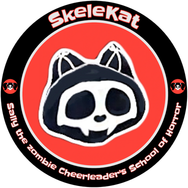 Logo of SkeleKat with a cat skull wearing a hood on a red background.