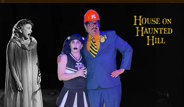 Two people in Halloween costumes pose with a black-and-white screaming woman and text saying House on Haunted Hill.