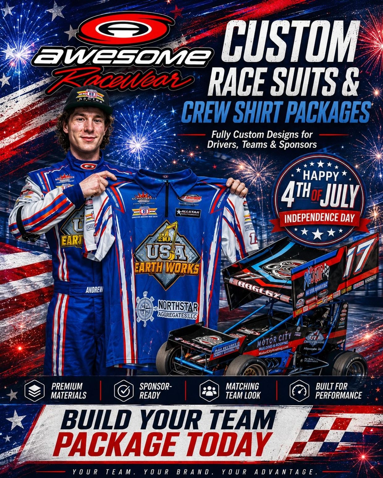 Custom race suits and crew shirts with a patriotic 4th of July theme.