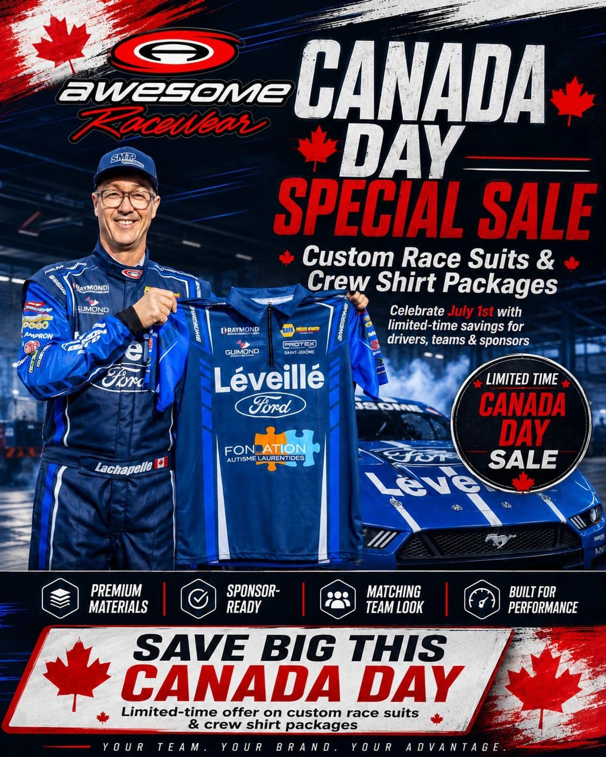 Canada Day special sale on custom race suits and crew shirt packages.