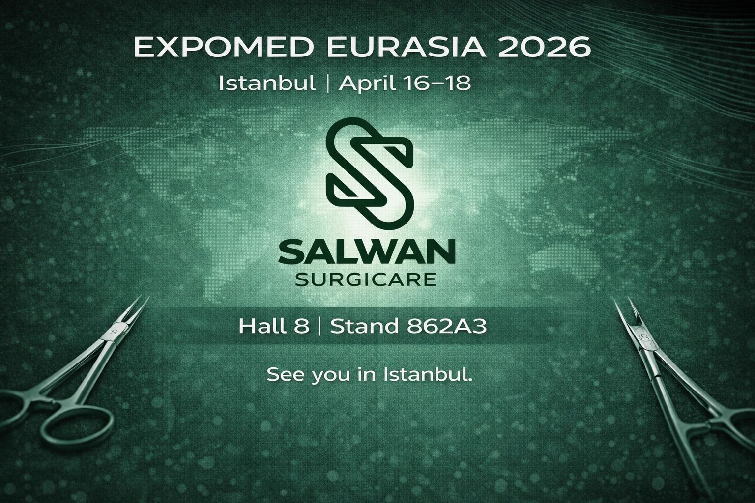 Expomed Eurasia 2026 Istanbul banner featuring Salwan Surgicare Hall 8 Stand 862A3
