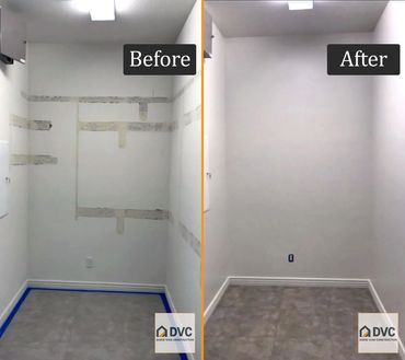 Before and after drywall repair in North Vancouver showing damaged wall restored