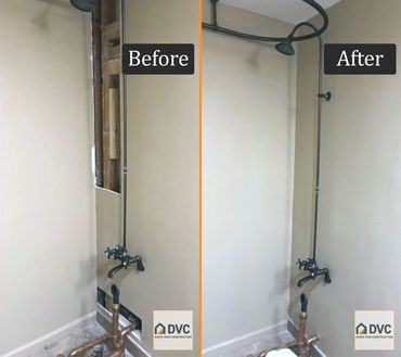 Before and after images of a repaired shower wall and plumbing installation.