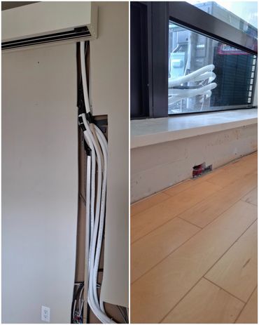 Collage showing exposed lines and open wall areas before drywall repair