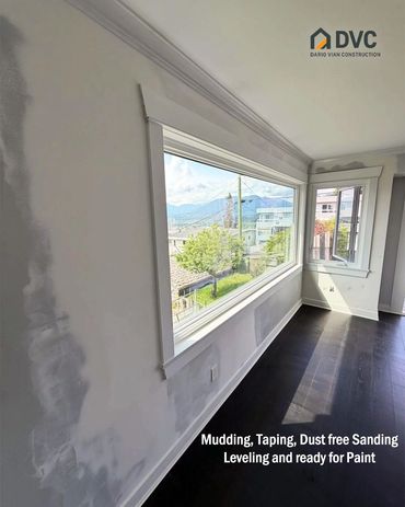 Drywall mudding, taping and dust free sanding completed and ready for paint