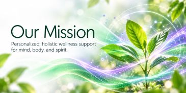 A young green plant with a mission statement about wellness support.