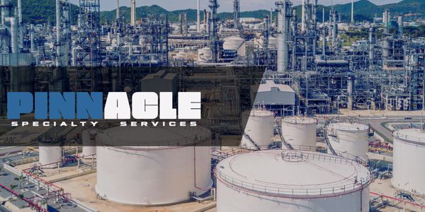 A large industrial refinery with Pinnacle Specialty Services logo overlay.